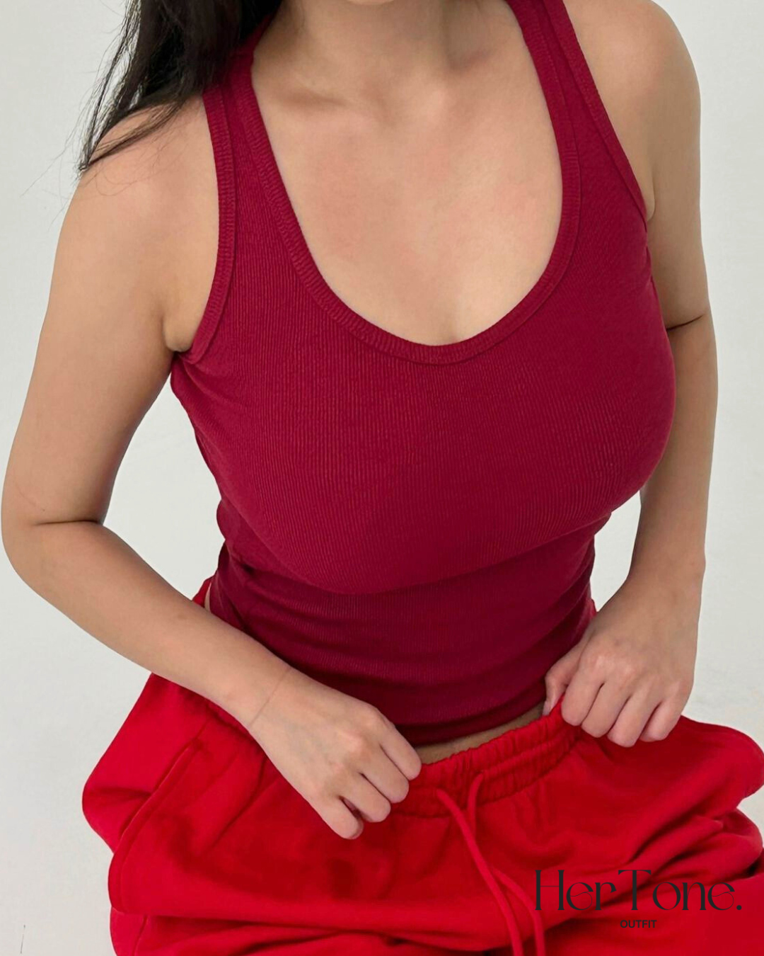 Red Ribbed Silhouette Short Sleeve