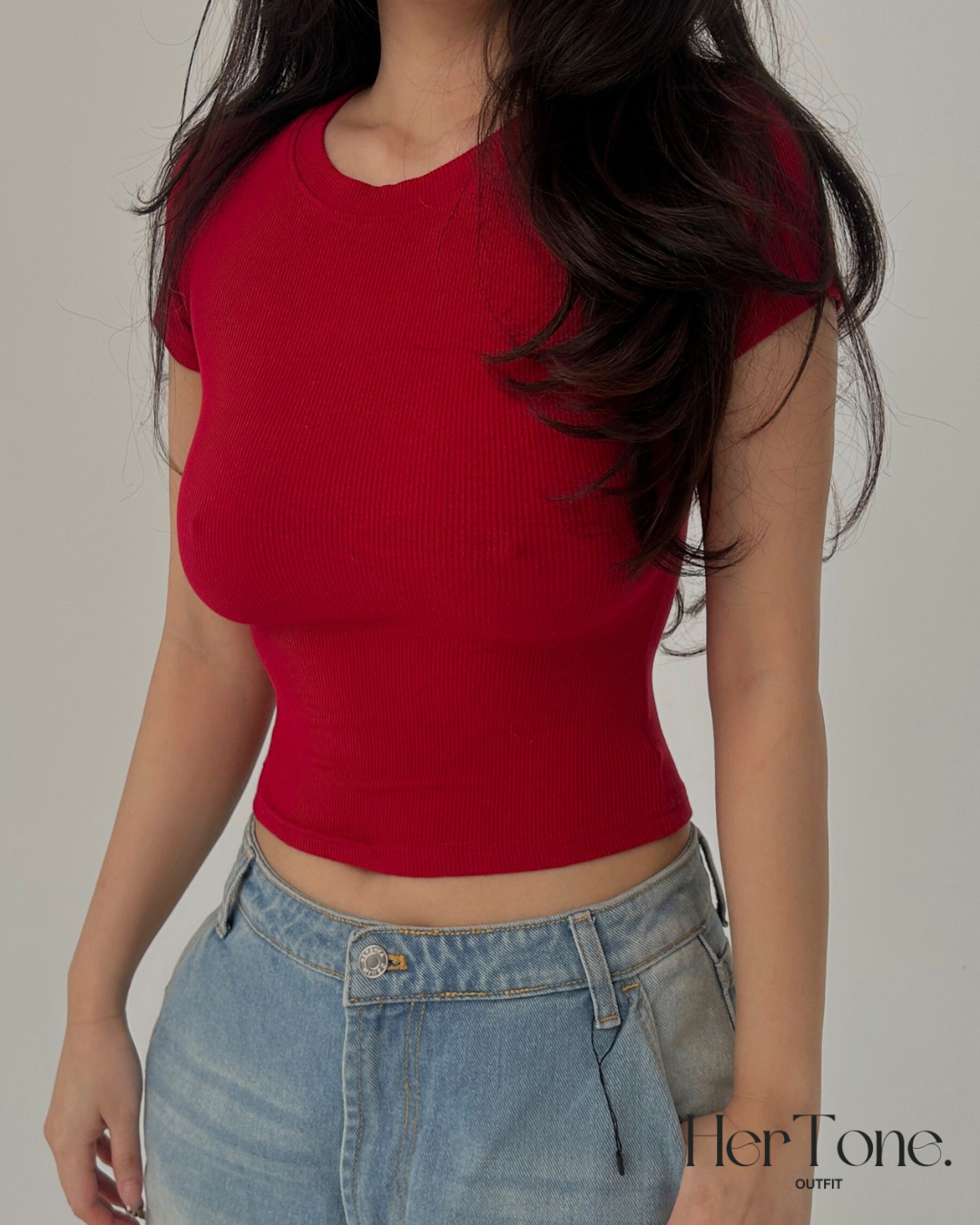 Red Ribbed Silhouette Short Sleeve