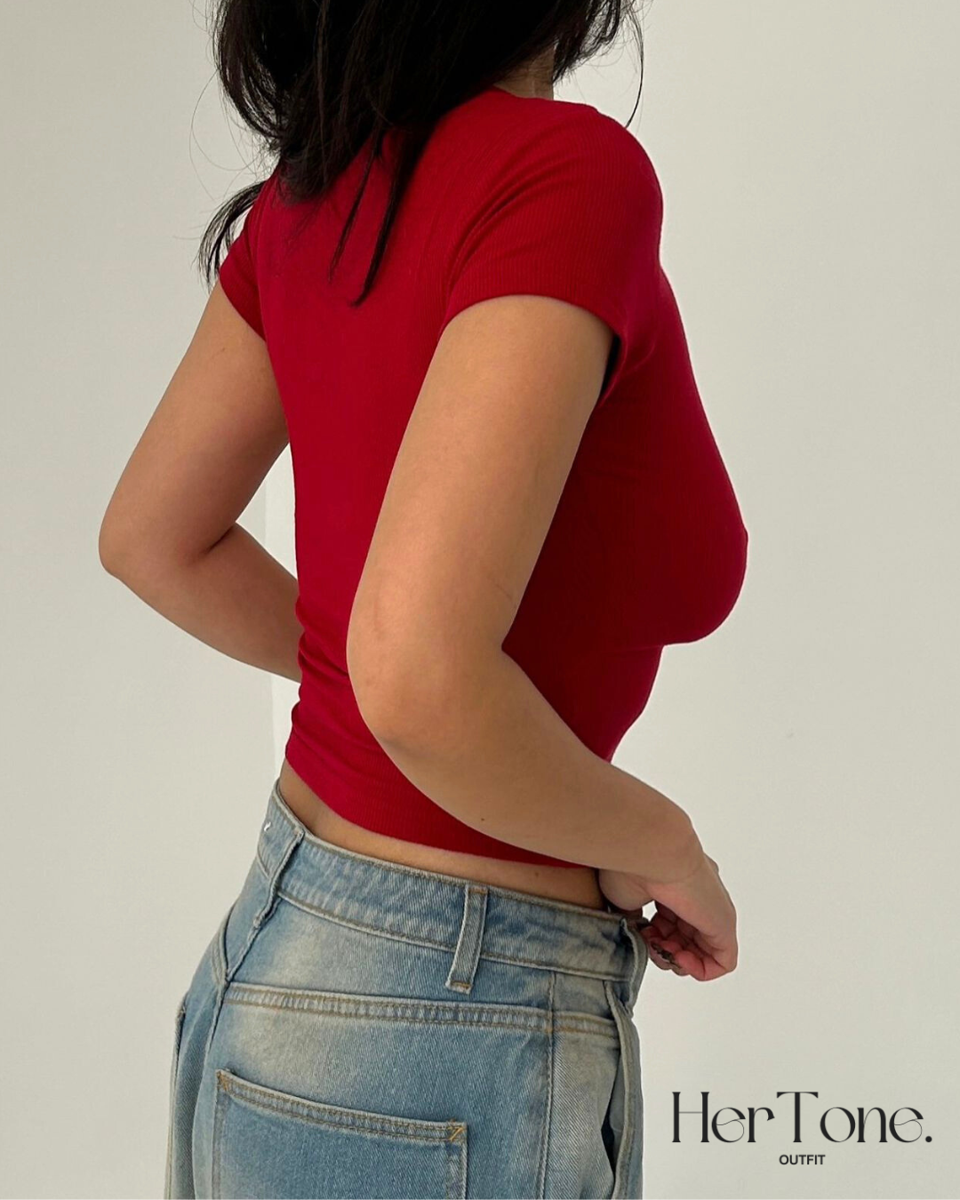 Red Ribbed Silhouette Short Sleeve